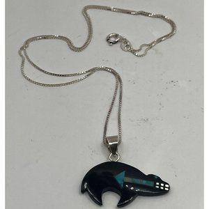 VTG NATIVE ZUNI BEAR Onyx W/Inlay Turquoise Pearl Necklace 925Sterling 19”